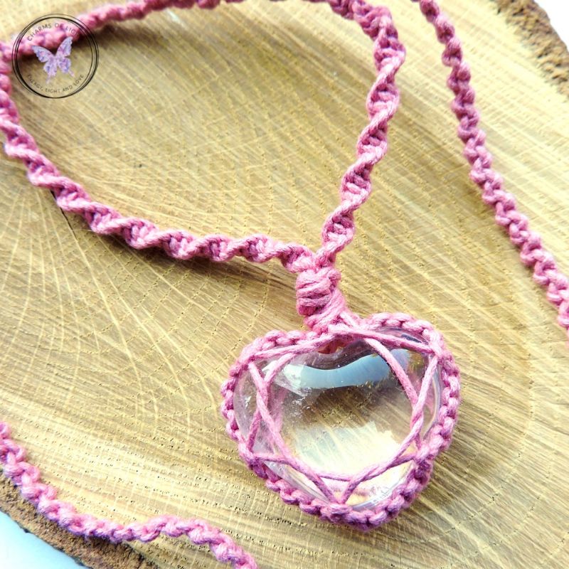 Clear Quartz Heart Macrame Necklace - Pink Cord